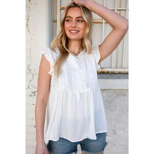 Liv Los Angles Swiss Dot Crochet Lace Tassel Flutter Sleeve Top